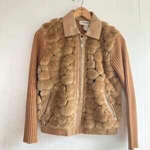 VTG Victoria Harbour Faux Fur Sweater Coat Cardigan Leather Zip-up Brown Sz S